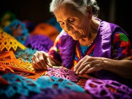 Women create papel picado colorful paper decorations AI Generative photo