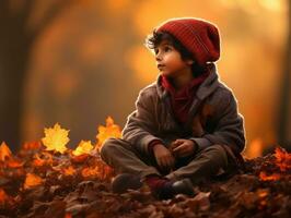 Indian kid in playful emontional dynamic pose on autumn background AI Generative photo