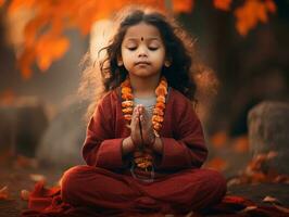 Indian kid in playful emontional dynamic pose on autumn background AI Generative photo