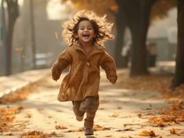 Indian kid in playful emontional dynamic pose on autumn background AI Generative photo