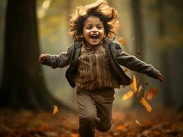 Indian kid in playful emontional dynamic pose on autumn background AI Generative photo