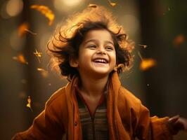 Indian kid in playful emontional dynamic pose on autumn background AI Generative photo