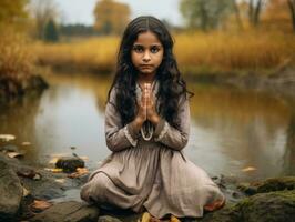 Indian kid in playful emontional dynamic pose on autumn background AI Generative photo