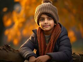 Indian kid in playful emontional dynamic pose on autumn background AI Generative photo