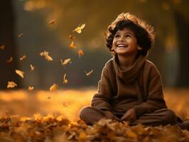 Indian kid in playful emontional dynamic pose on autumn background AI Generative photo