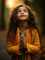 Indian kid in playful emontional dynamic pose on autumn background AI Generative photo