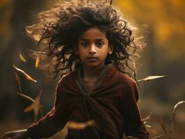 Indian kid in playful emontional dynamic pose on autumn background AI Generative photo