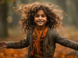 Indian kid in playful emontional dynamic pose on autumn background AI Generative photo