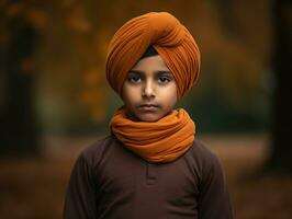 Indian kid in playful emontional dynamic pose on autumn background AI Generative photo