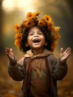 Indian kid in playful emontional dynamic pose on autumn background AI Generative photo