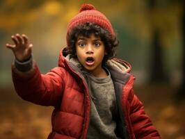 indio niño en juguetón emocional dinámica actitud en otoño antecedentes ai generativo foto