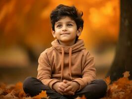 Indian kid in playful emontional dynamic pose on autumn background AI Generative photo