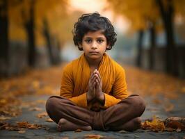 Indian kid in playful emontional dynamic pose on autumn background AI Generative photo