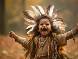 Indian kid in playful emontional dynamic pose on autumn background AI Generative photo