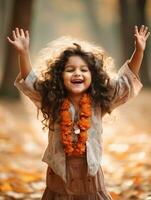 Indian kid in playful emontional dynamic pose on autumn background AI Generative photo