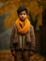 Indian kid in playful emontional dynamic pose on autumn background AI Generative photo