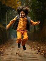 Indian kid in playful emontional dynamic pose on autumn background AI Generative photo