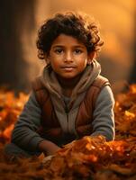 Indian kid in playful emontional dynamic pose on autumn background AI Generative photo