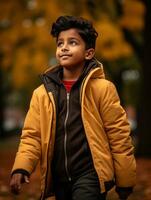Indian kid in playful emontional dynamic pose on autumn background AI Generative photo