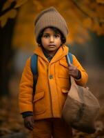 Indian kid in playful emontional dynamic pose on autumn background AI Generative photo