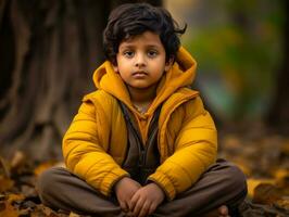 Indian kid in playful emontional dynamic pose on autumn background AI Generative photo