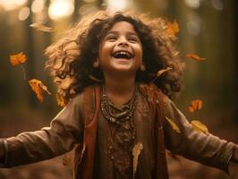 indio niño en juguetón emocional dinámica actitud en otoño antecedentes ai generativo foto