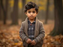 Indian kid in playful emontional dynamic pose on autumn background AI Generative photo