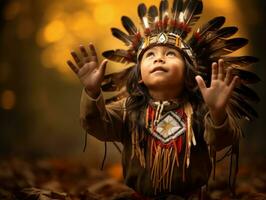 Indian kid in playful emontional dynamic pose on autumn background AI Generative photo