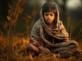 Indian kid in playful emontional dynamic pose on autumn background AI Generative photo