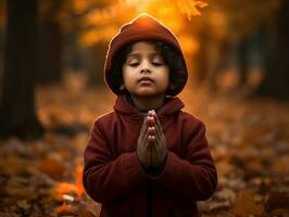 Indian kid in playful emontional dynamic pose on autumn background AI Generative photo