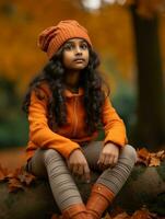 Indian kid in playful emontional dynamic pose on autumn background AI Generative photo