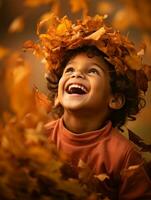 Indian kid in playful emontional dynamic pose on autumn background AI Generative photo