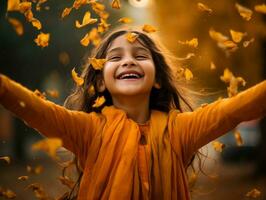 Indian kid in playful emontional dynamic pose on autumn background AI Generative photo