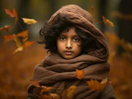 Indian kid in playful emontional dynamic pose on autumn background AI Generative photo