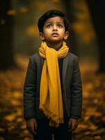 Indian kid in playful emontional dynamic pose on autumn background AI Generative photo