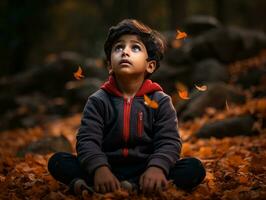 Indian kid in playful emontional dynamic pose on autumn background AI Generative photo