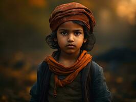 Indian kid in playful emontional dynamic pose on autumn background AI Generative photo