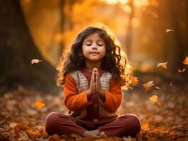 Indian kid in playful emontional dynamic pose on autumn background AI Generative photo
