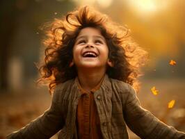 indio niño en juguetón emocional dinámica actitud en otoño antecedentes ai generativo foto