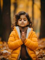 Indian kid in playful emontional dynamic pose on autumn background AI Generative photo