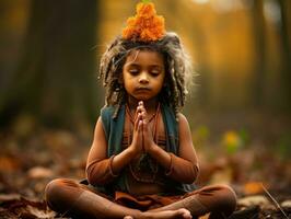 Indian kid in playful emontional dynamic pose on autumn background AI Generative photo