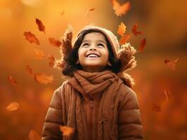 indio niño en juguetón emocional dinámica actitud en otoño antecedentes ai generativo foto