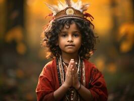 Indian kid in playful emontional dynamic pose on autumn background AI Generative photo