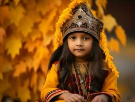 Indian kid in playful emontional dynamic pose on autumn background AI Generative photo