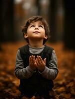 Indian kid in playful emontional dynamic pose on autumn background AI Generative photo