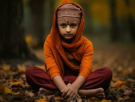 indio niño en juguetón emocional dinámica actitud en otoño antecedentes ai generativo foto