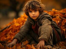 Indian kid in playful emontional dynamic pose on autumn background AI Generative photo