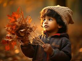 Indian kid in playful emontional dynamic pose on autumn background AI Generative photo