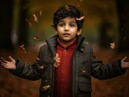 Indian kid in playful emontional dynamic pose on autumn background AI Generative photo