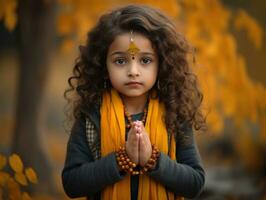 Indian kid in playful emontional dynamic pose on autumn background AI Generative photo